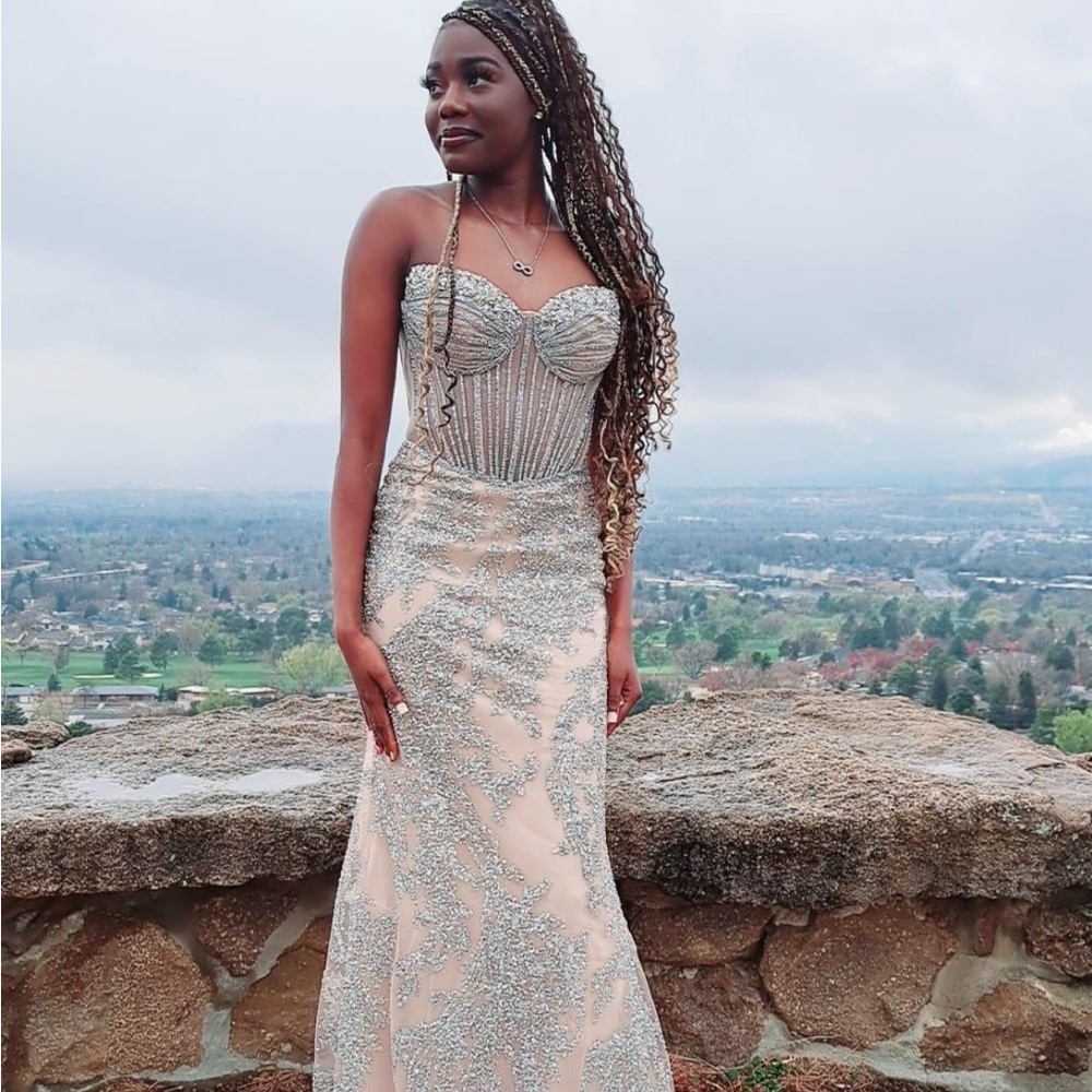 Elegant Silver and Cream Evening Gown